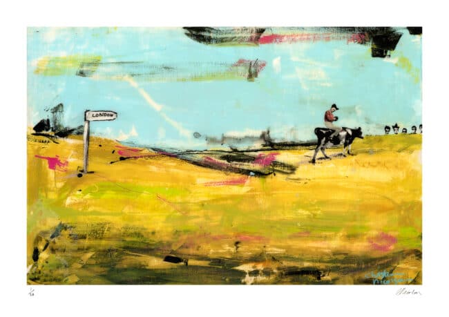 Man Rides Cow to London Art Print