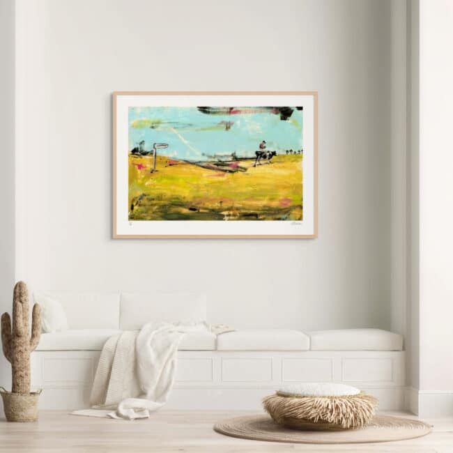 Man Rides Cow to London Art Print with Wood Frame Man Rides Cow to London Art Print with Wood Frame